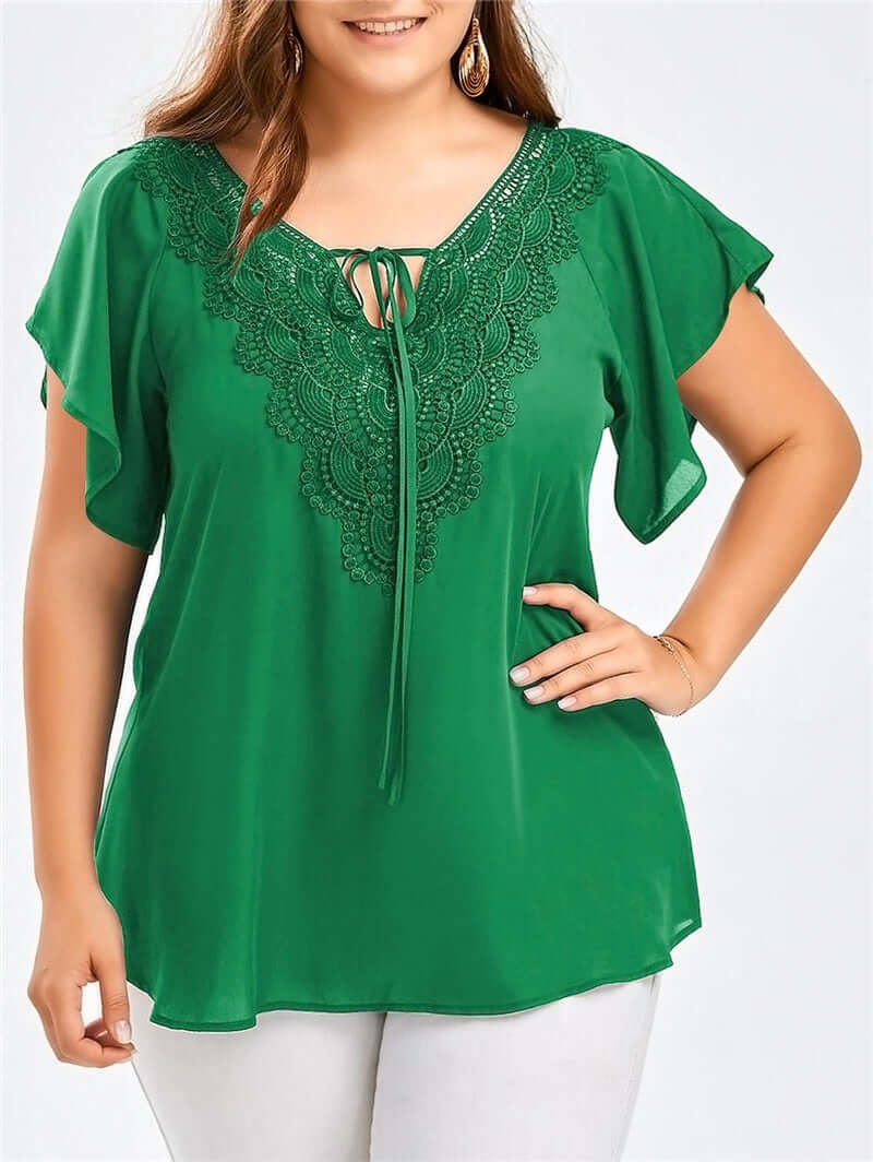 Plus Size Women Clothing T-Shirts Summer Short Sleeve Chiffon Pullovers Tops Lace V-Neck Fashion Blue T-Shirt Female Tees