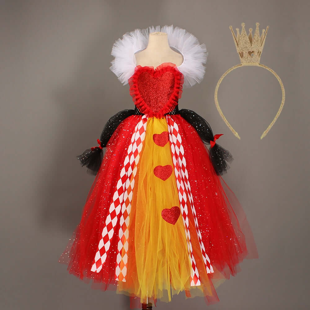 Girl Queen of Hearts Costume Wonderland Fairy Tale Fancy Dress Sparkly Kids Evil Red Queen Tutu Dress Halloween Villain Clothes