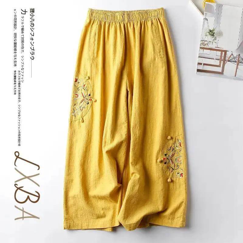 Cotton and linen casual pants women's plus size summer fashion retro embroidery thin section straight wide leg nine-point pants