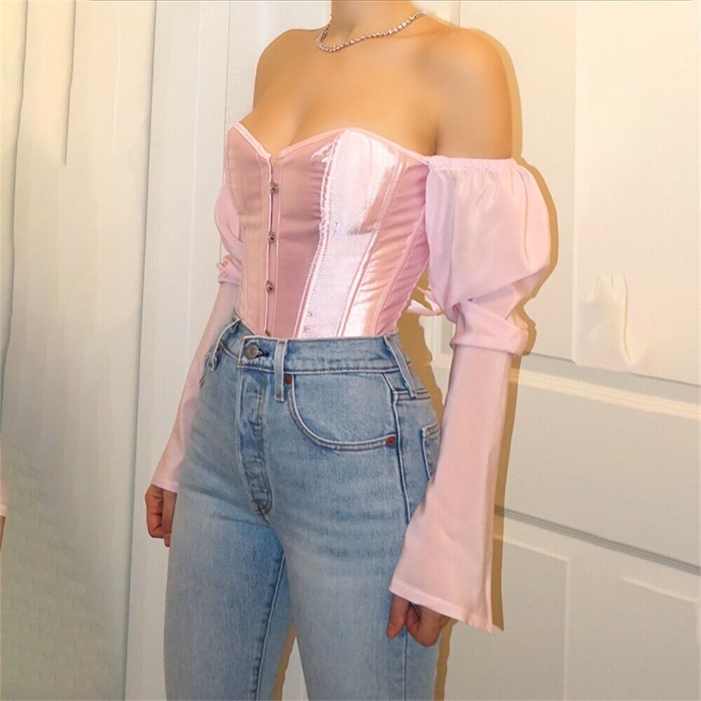 Hnewly Women Top Sexy Blouse Off Shoulder Top Long Sleeve Club Party White Shirt Puff Sleeve Ruffle Tunic Crop Top Summer Tube Top