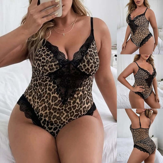 Women Leopard Print Bodysuit One-piece Spaghetti Strap Sleeveless V-neck Lace Hollow Out Sexy Lingerie Plus Size Slim Body Top