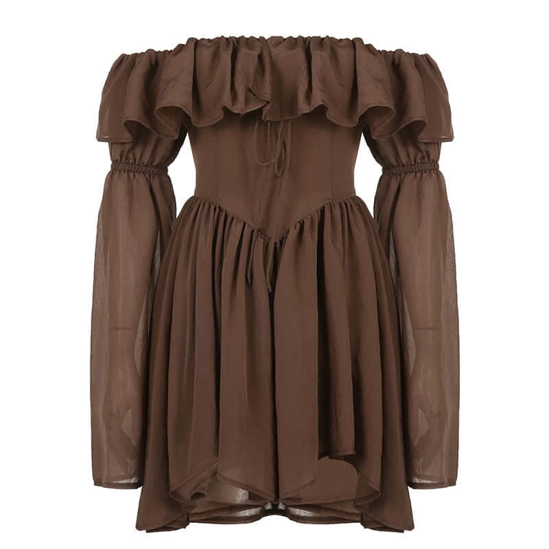 Fashion Mini Dressvin Brown - Off Shoulder Flare Sleeve