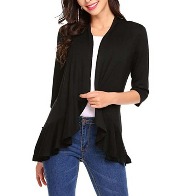 Women's Cardigan Spring Summer Autumn Clothing Solid Color Slim Top Ruffle Hem Three Quarter Sleeve Thin Simple Coat