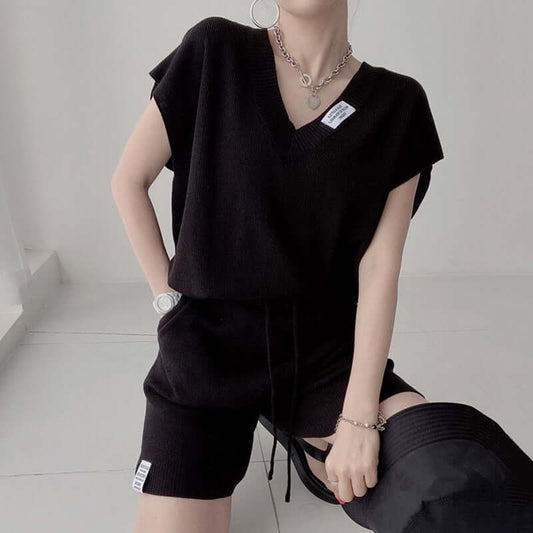 Knitted 2 Piece Set Women Tracksuit Short Sleeve Loose Knit Sweater Tops + Drawstring High Waist Shorts Female Casual Sweatshirt