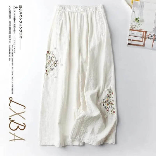 Cotton and linen casual pants women's plus size summer fashion retro embroidery thin section straight wide leg nine-point pants