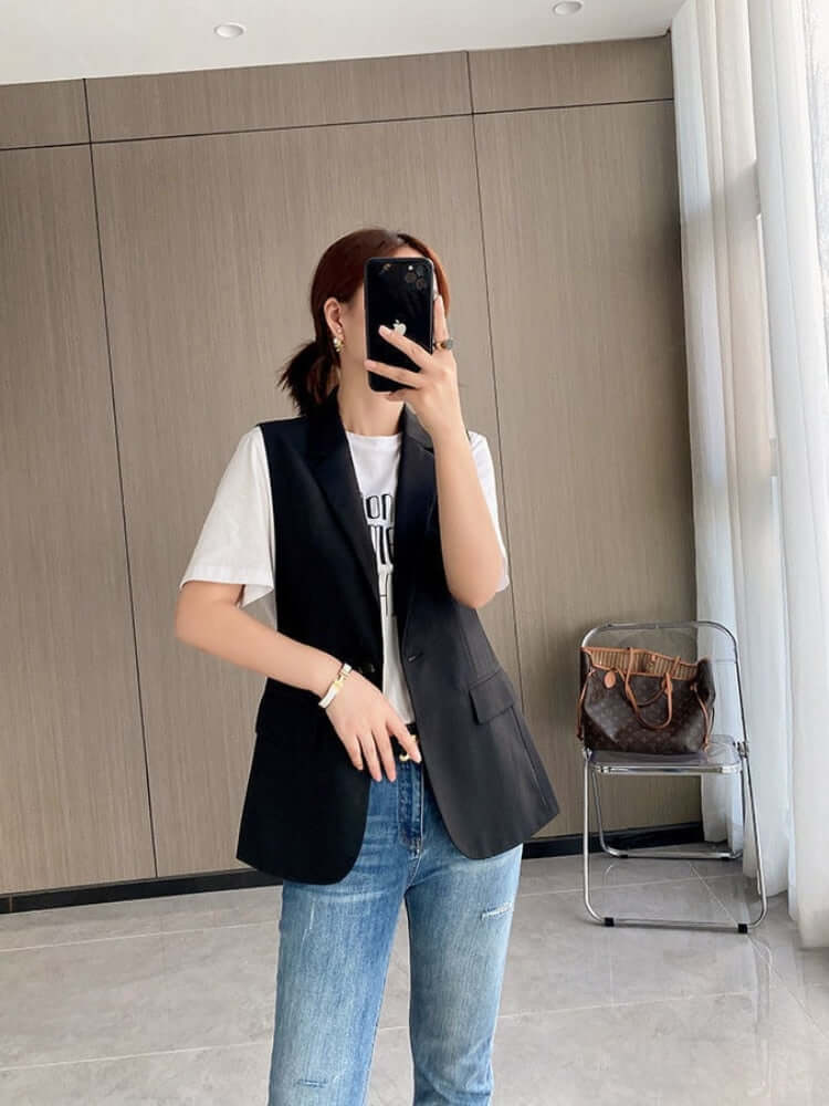 JMPRS Fashion Office Blazer Vest  Women Summer Turn-down Collar Single Button Wasitcoat Female Black Sleeveless Jacket New