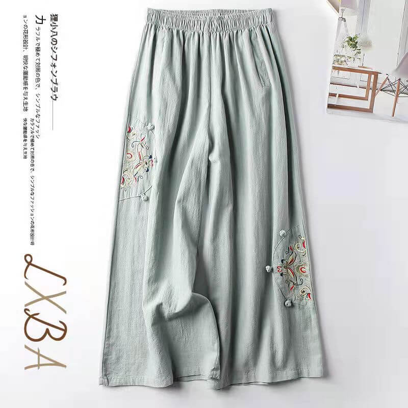 Cotton and linen casual pants women's plus size summer fashion retro embroidery thin section straight wide leg nine-point pants