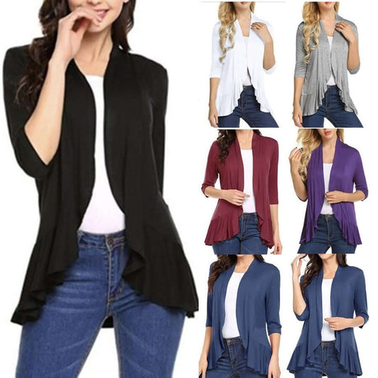 Women's Cardigan Spring Summer Autumn Clothing Solid Color Slim Top Ruffle Hem Three Quarter Sleeve Thin Simple Coat