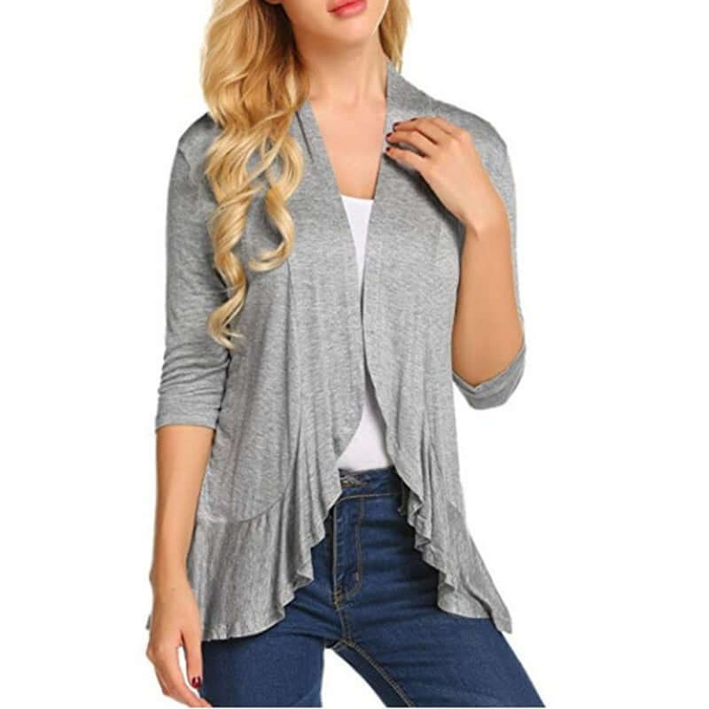 Women's Cardigan Spring Summer Autumn Clothing Solid Color Slim Top Ruffle Hem Three Quarter Sleeve Thin Simple Coat