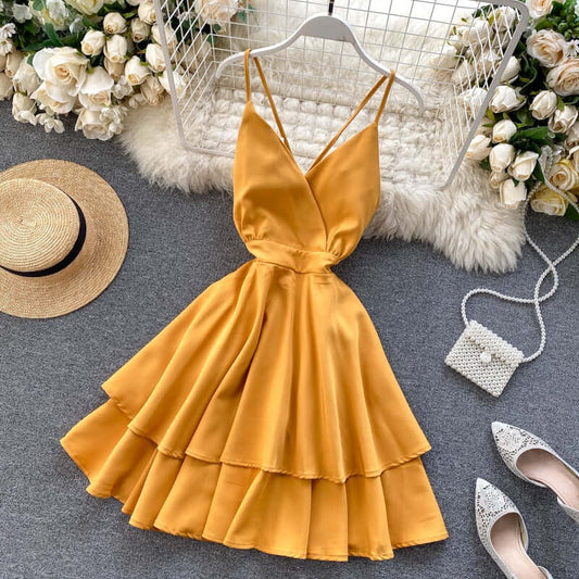 FMFSSOM Summer Spring Beach Holiday V-Neck Backless Lace Up Ruffles Cakes Solid Elegant Women Lady A-line High Waist Dress