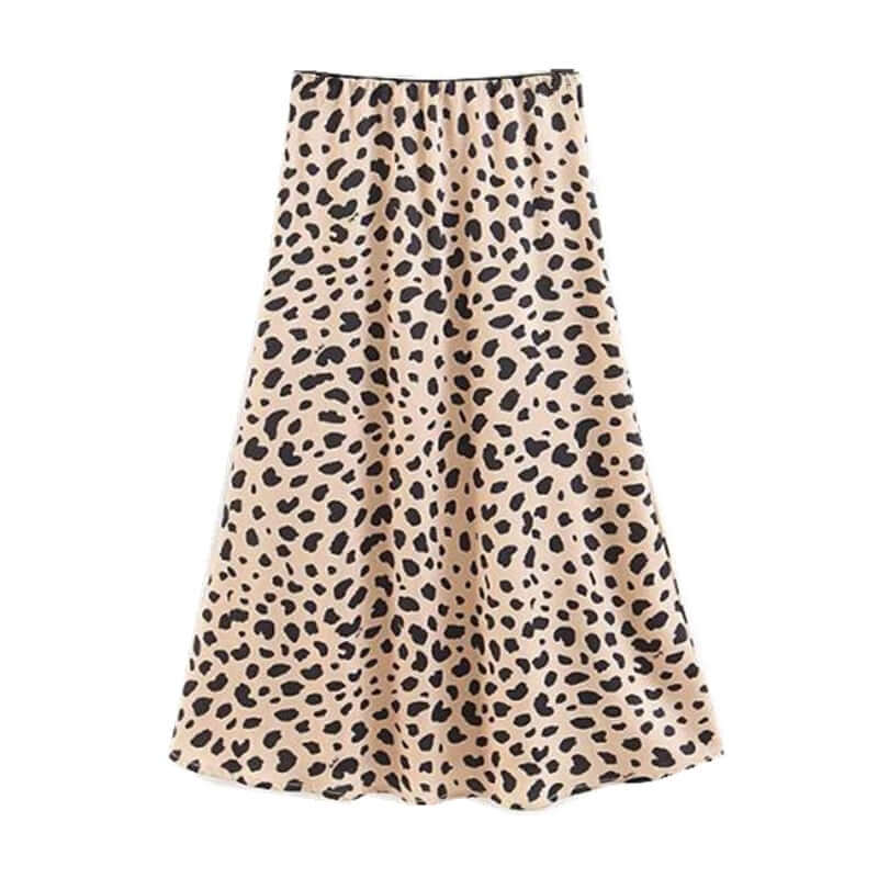 Retro High Waist Leopard Print Satin Skirt like Silk Summer Women Elastic Waist Mid Long A-line Skirts Femme