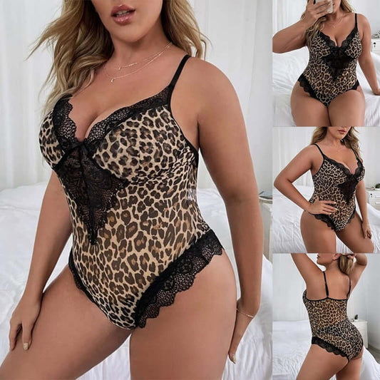 Women Leopard Print Bodysuit One-piece Spaghetti Strap Sleeveless V-neck Lace Hollow Out Sexy Lingerie Plus Size Slim Body Top