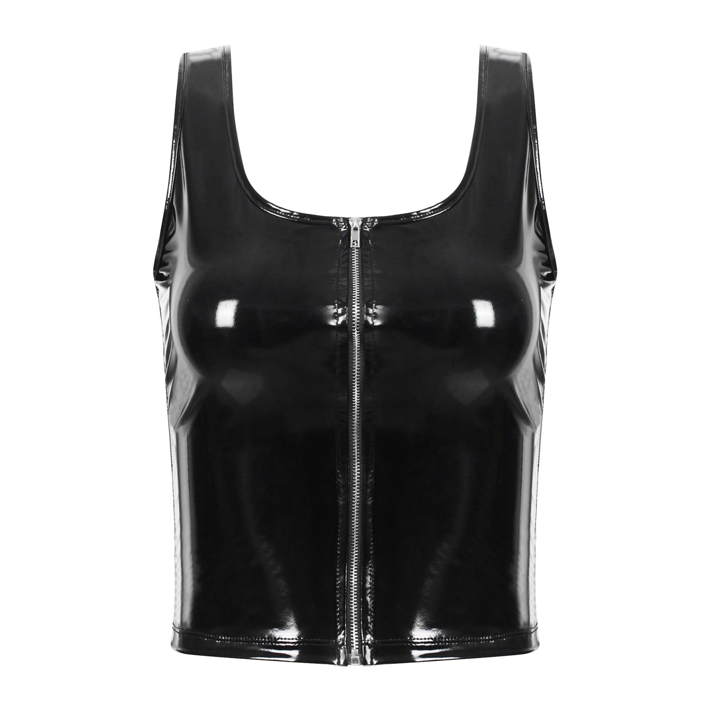 Womens Fashion Zipper Patent Leather Tank Top Wet Look Rave Festival Outfit U Neck Sleeveless Vest for Club Pole Dancing