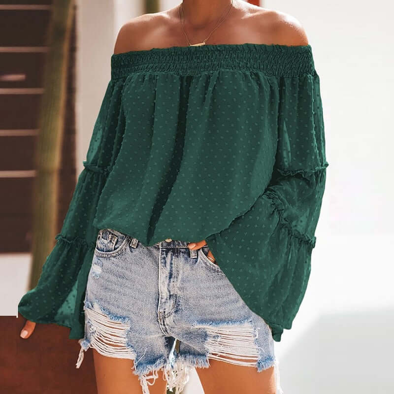 Eti Off Shoulder Summer Tshirt Women Long Sleeve Shirt Women Blouse Solid Ruffle Sleeve Slash Neck Sexy Shirts For Women Tops