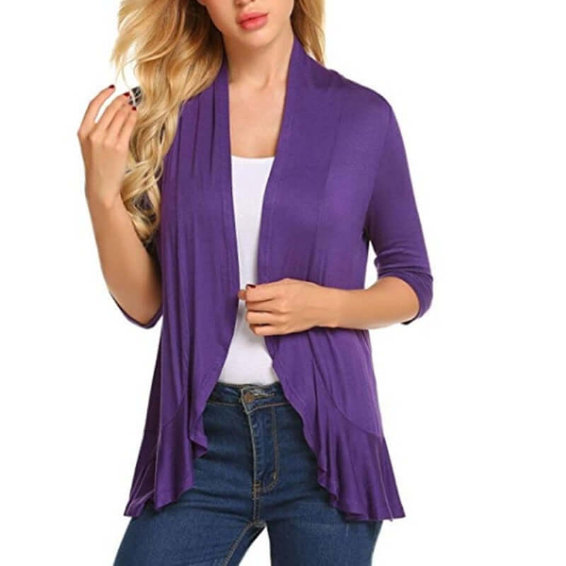 Women's Cardigan Spring Summer Autumn Clothing Solid Color Slim Top Ruffle Hem Three Quarter Sleeve Thin Simple Coat