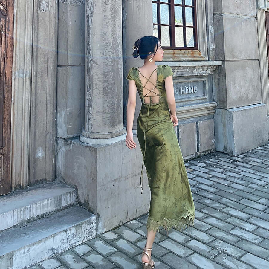 Elegant Giftable Green V-Neck Satin Jacquard Backless Dress