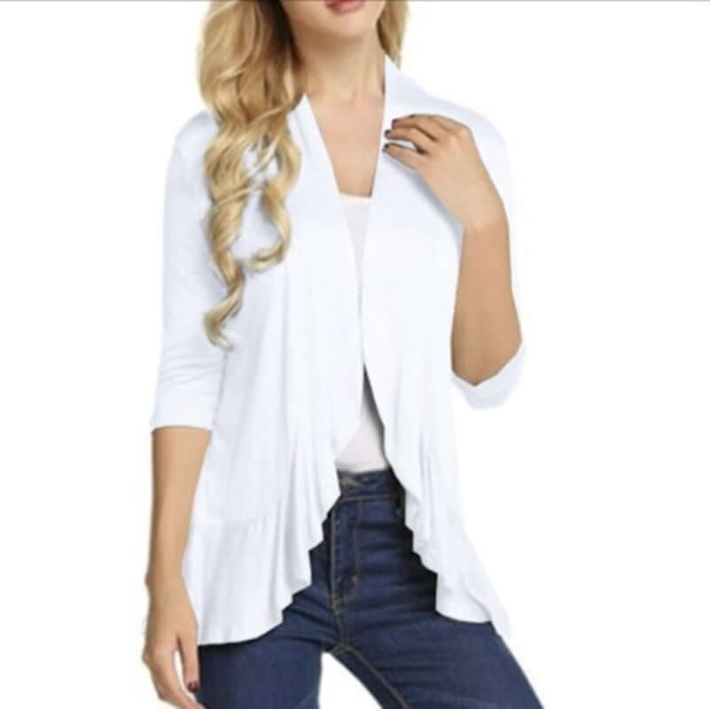 Women's Cardigan Spring Summer Autumn Clothing Solid Color Slim Top Ruffle Hem Three Quarter Sleeve Thin Simple Coat