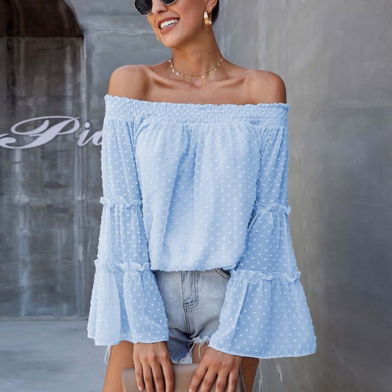 Eti Off Shoulder Summer Tshirt Women Long Sleeve Shirt Women Blouse Solid Ruffle Sleeve Slash Neck Sexy Shirts For Women Tops