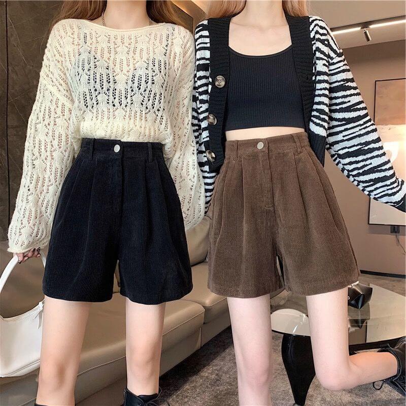 Solid Corduroy Wide Leg Shorts