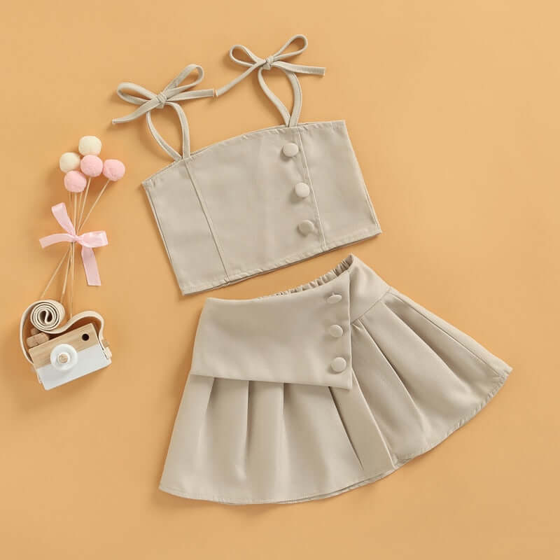 1-6Y Solid Strap Lace Up Vest Tops+High Waist Pleated Skirts