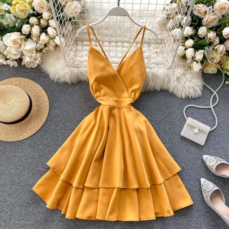 FMFSSOM Summer Spring Beach Holiday V-Neck Backless Lace Up Ruffles Cakes Solid Elegant Women Lady A-line High Waist Dress