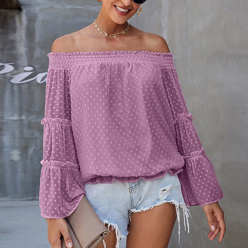 Eti Off Shoulder Summer Tshirt Women Long Sleeve Shirt Women Blouse Solid Ruffle Sleeve Slash Neck Sexy Shirts For Women Tops