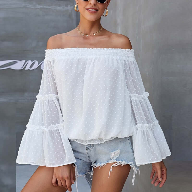 Eti Off Shoulder Summer Tshirt Women Long Sleeve Shirt Women Blouse Solid Ruffle Sleeve Slash Neck Sexy Shirts For Women Tops