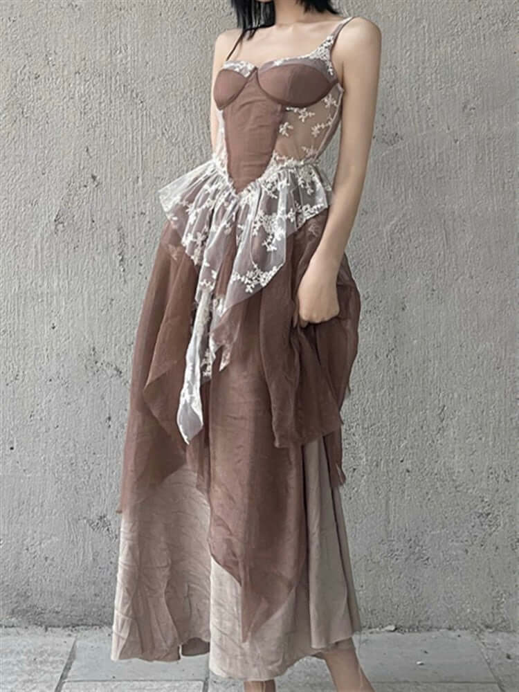 Brown Embroidery Corset Midi Dress