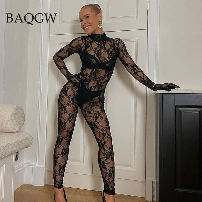 Mesh Sheer Hollow Out Long Sleeve Sexy See Through Skinny Exotic Jumpsuit Bodycon Summer Women Outfit Night Party with Gloves