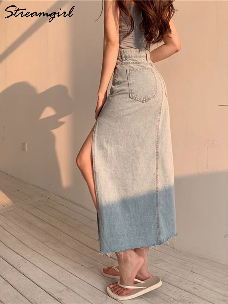 Streamgirl Maxi Jeans Skirt Women Denim Long Skirts Summer Vintage Maxi Skirt Side Split Denim Skirt Women Long