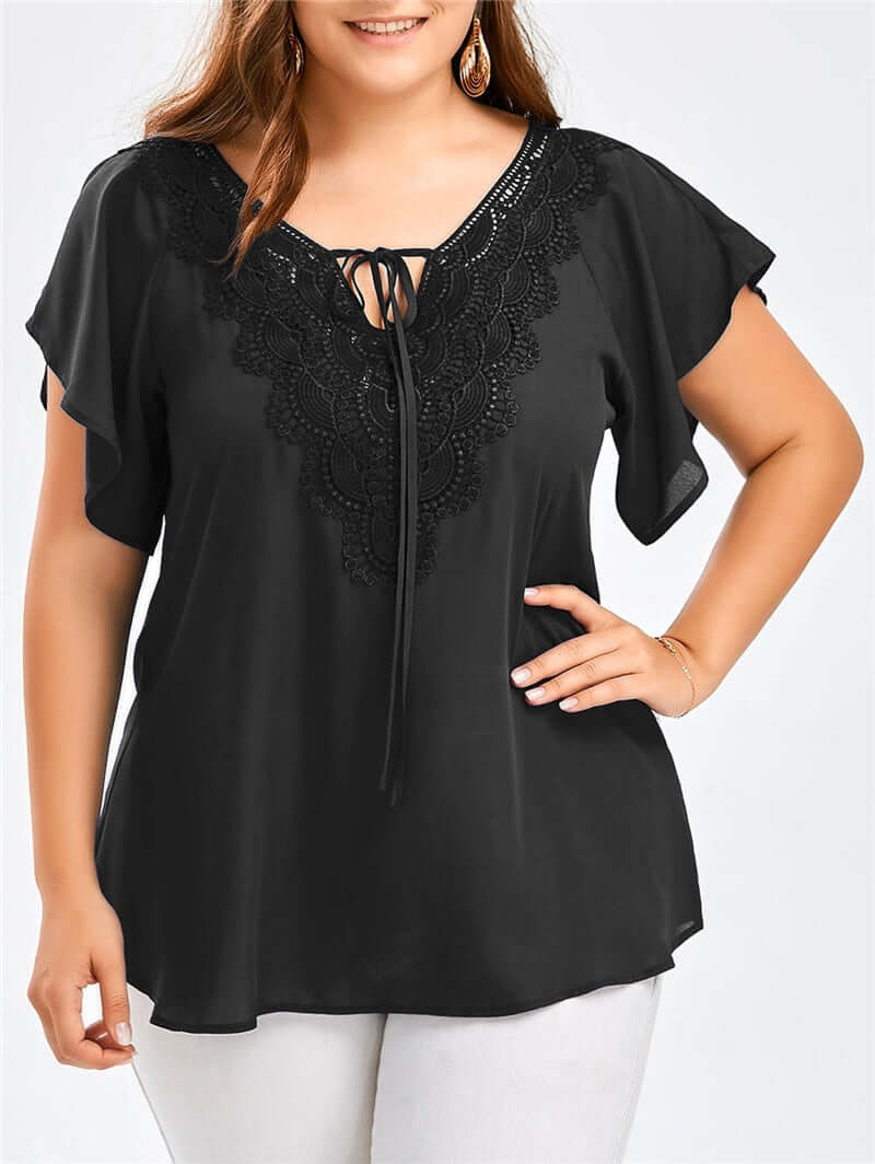 Plus Size Women Clothing T-Shirts Summer Short Sleeve Chiffon Pullovers Tops Lace V-Neck Fashion Blue T-Shirt Female Tees