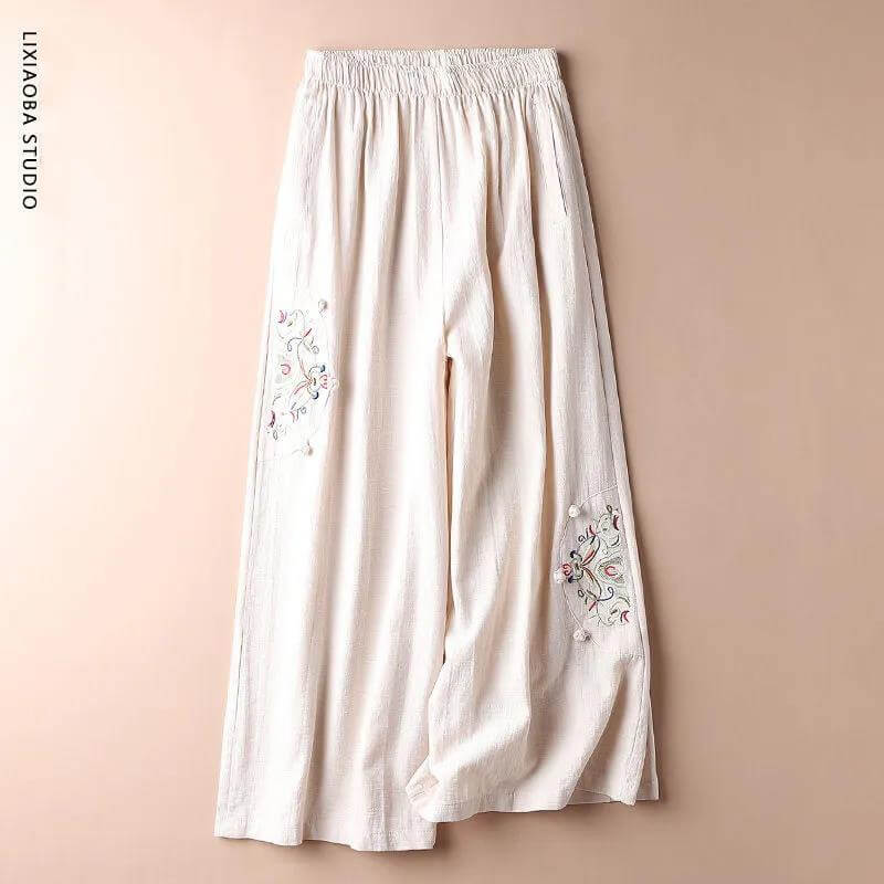 Cotton and linen casual pants women's plus size summer fashion retro embroidery thin section straight wide leg nine-point pants