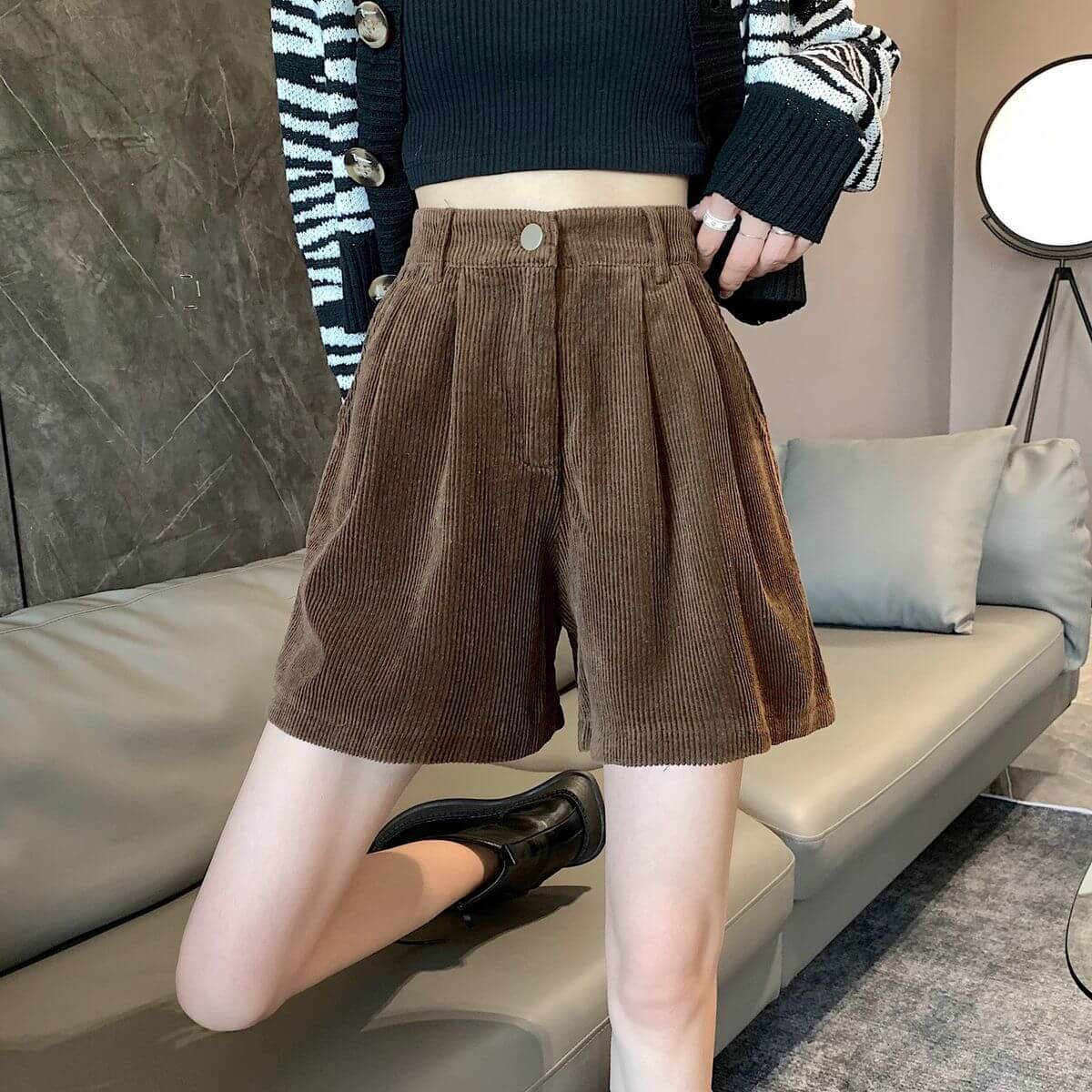 Solid Corduroy Wide Leg Shorts