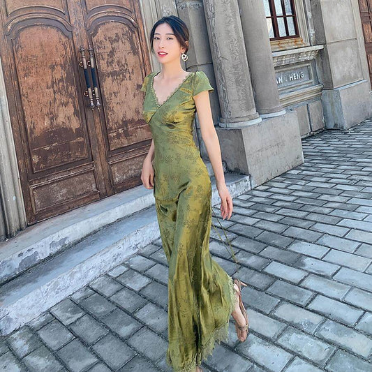 Elegant Green V-Neck Satin Jacquard Dress Women&#39;s Backless Sexy Maxi Dress Summer Ladies Robe Vintage Vestidos Female Clothing