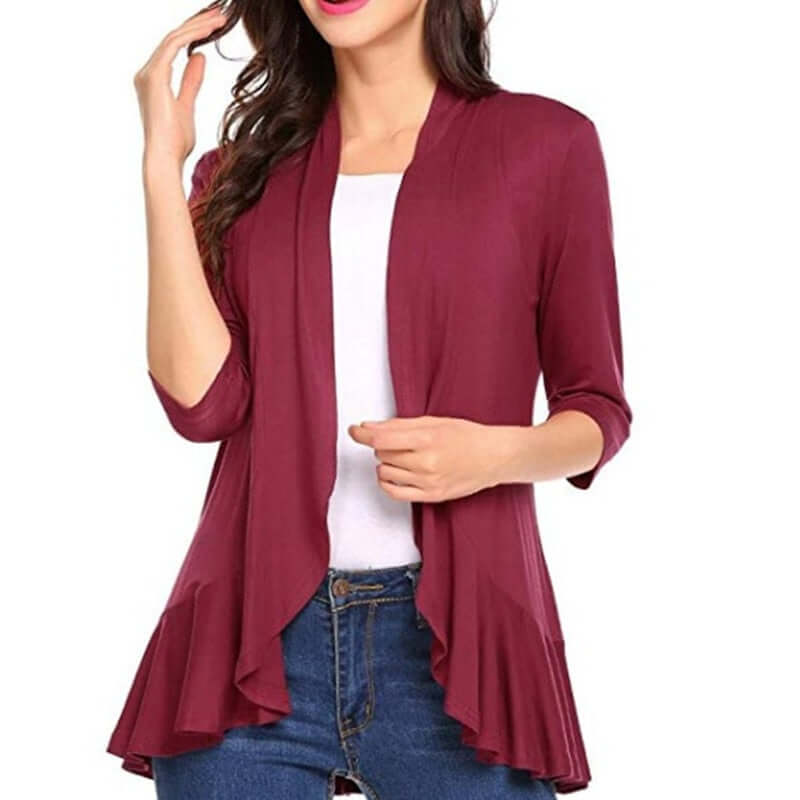 Women's Cardigan Spring Summer Autumn Clothing Solid Color Slim Top Ruffle Hem Three Quarter Sleeve Thin Simple Coat