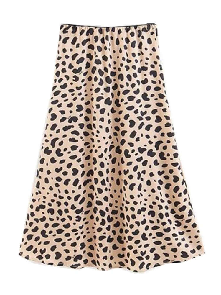 Retro High Waist Leopard Print Satin Skirt like Silk Summer Women Elastic Waist Mid Long A-line Skirts Femme