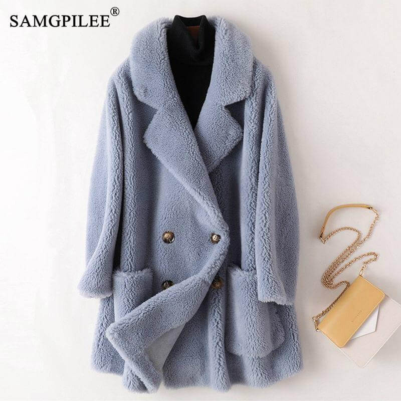 Real Fur Coat High Quality Australian Womens Wool Coats Thick Warm Elegant Loose Large Size Long Outwear Winter Coat For Women