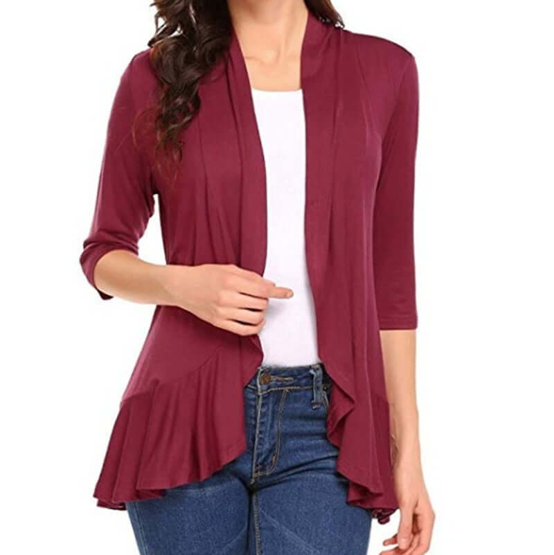 Women's Cardigan Spring Summer Autumn Clothing Solid Color Slim Top Ruffle Hem Three Quarter Sleeve Thin Simple Coat