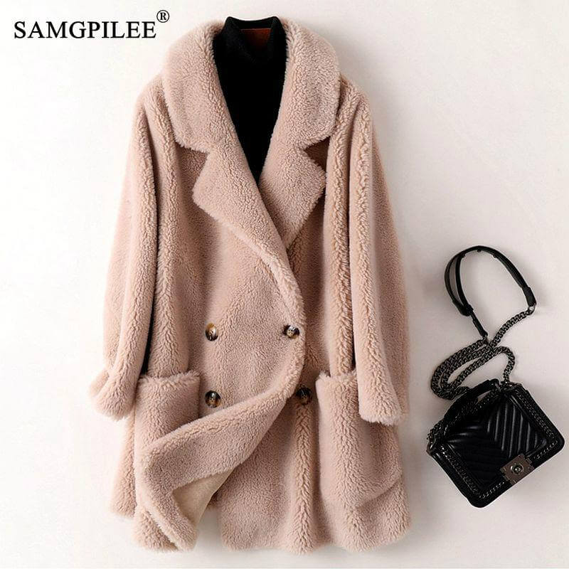 Real Fur Coat High Quality Australian Womens Wool Coats Thick Warm Elegant Loose Large Size Long Outwear Winter Coat For Women