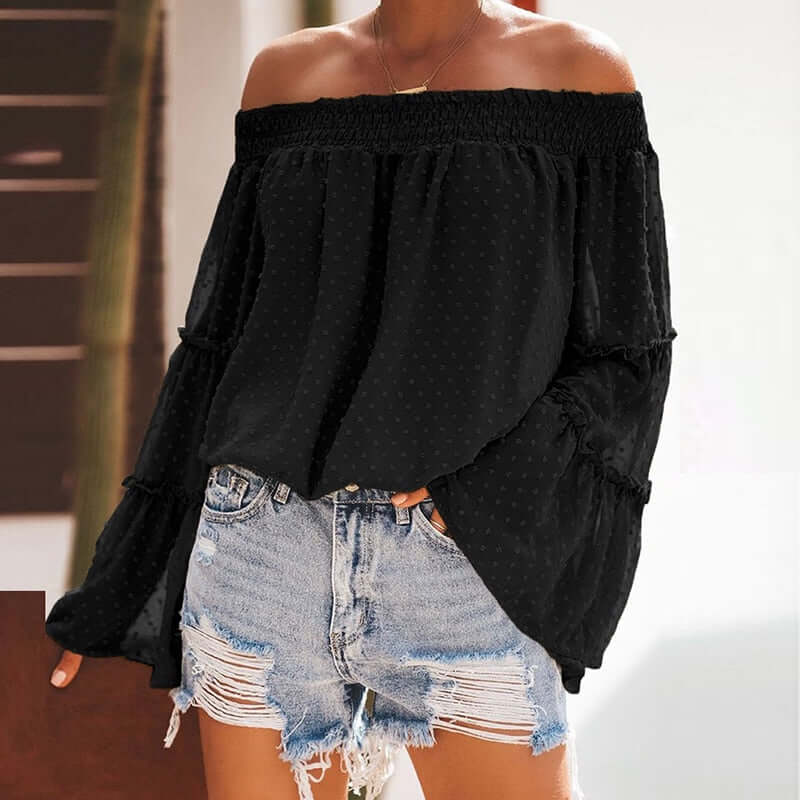 Eti Off Shoulder Summer Tshirt Women Long Sleeve Shirt Women Blouse Solid Ruffle Sleeve Slash Neck Sexy Shirts For Women Tops