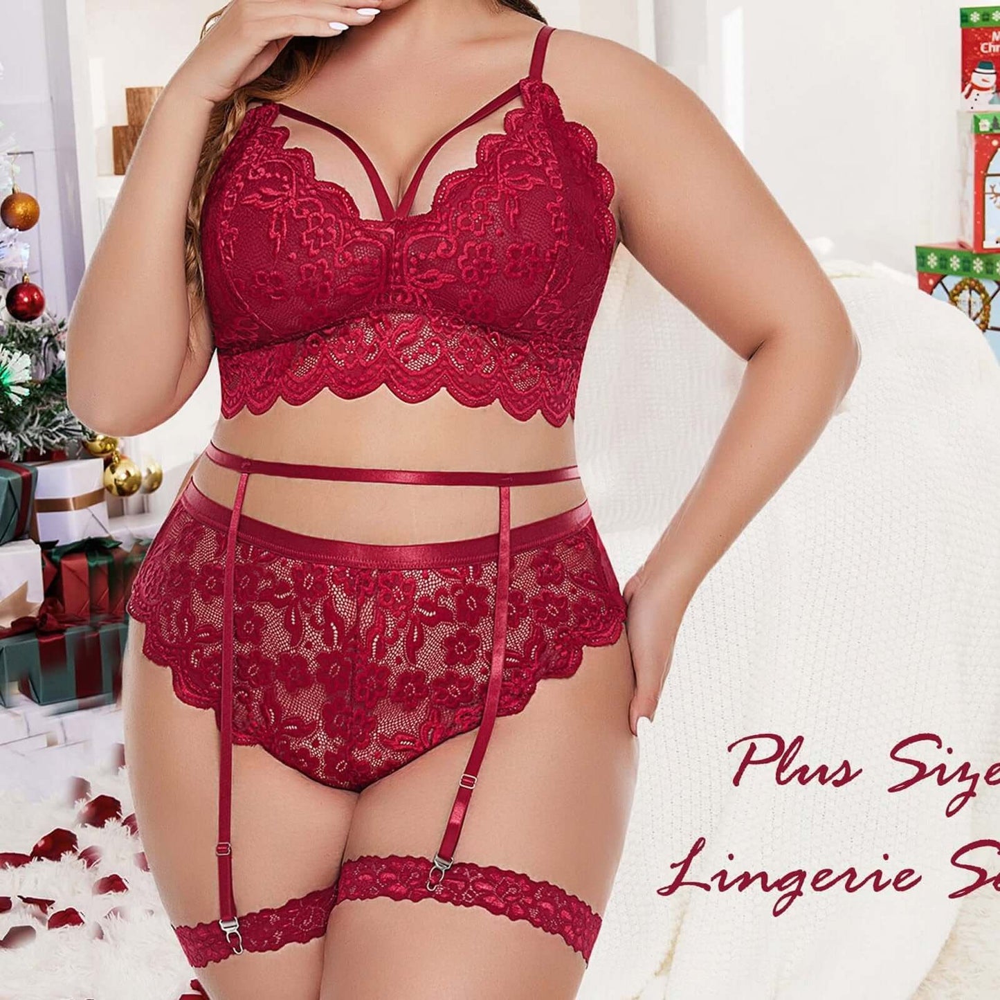 Plus Size Women Lingerie Set Floral Lace Bra Hollow Out Thong Garter Set Sexy Women Underwear Sex Costume Lenceria Mujer