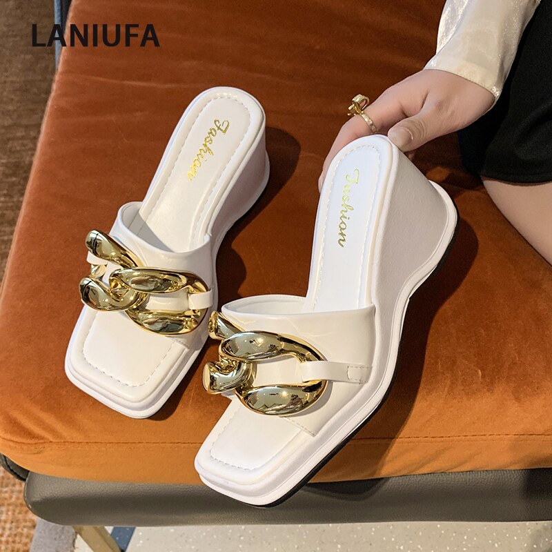 Chain Wedges Women Slippers Summer High Heels Sandals 2022 New Fashion Pumps Chunky Women Shoes Casual Home Slides Flip Flops