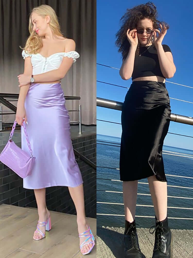 Restve Casual Women High Waisted Long Skirt Purple Satin Office Ladies Elegant Skirts Solid Silk Midi Skirt Spring Summer