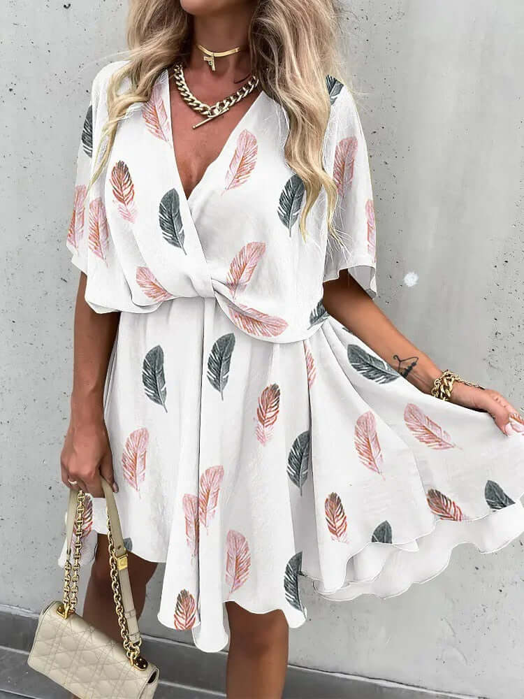 Summer Floral Print Mini Dress Women Fashion Boho Casual Short Sleeve A Line Elegant Dresses Robe