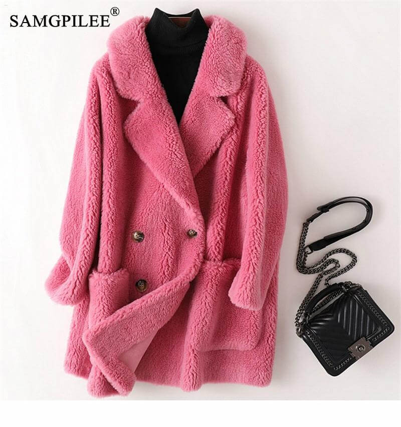 Real Fur Coat High Quality Australian Womens Wool Coats Thick Warm Elegant Loose Large Size Long Outwear Winter Coat For Women