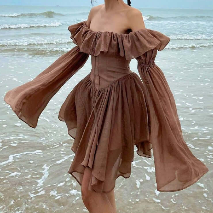 Fashion Mini Dressvin Brown - Off Shoulder Flare Sleeve