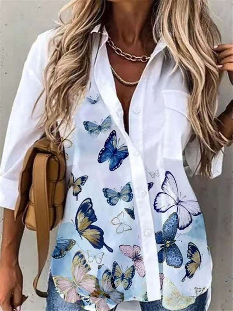 Women's Casual Button-Up Shirt - Floral Print + Creative Graphics