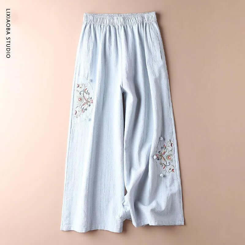 Cotton and linen casual pants women's plus size summer fashion retro embroidery thin section straight wide leg nine-point pants