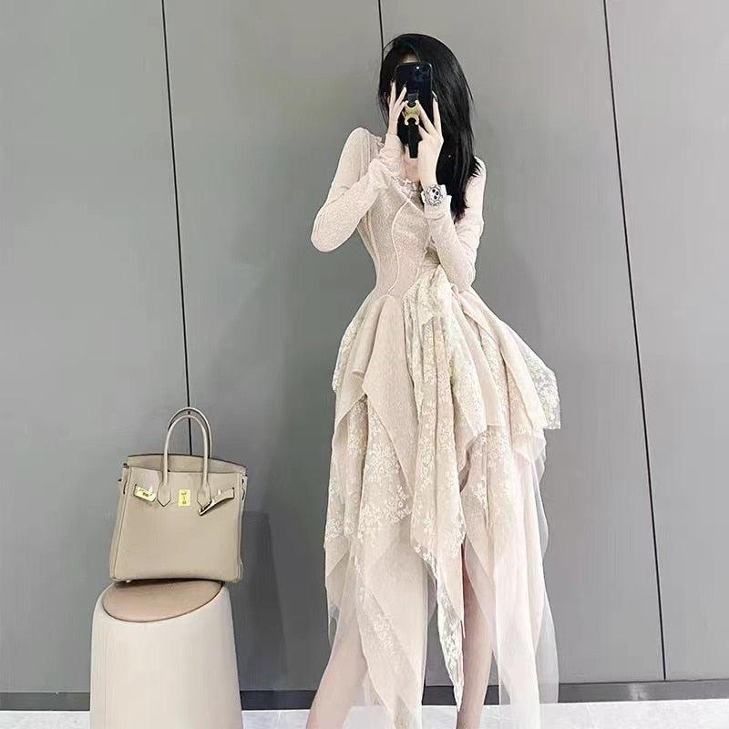 Beige Lace Layered Dress