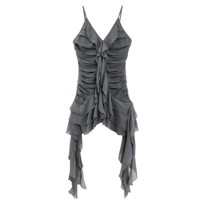 Goth Gray Bandage Ruffles Midi Dress